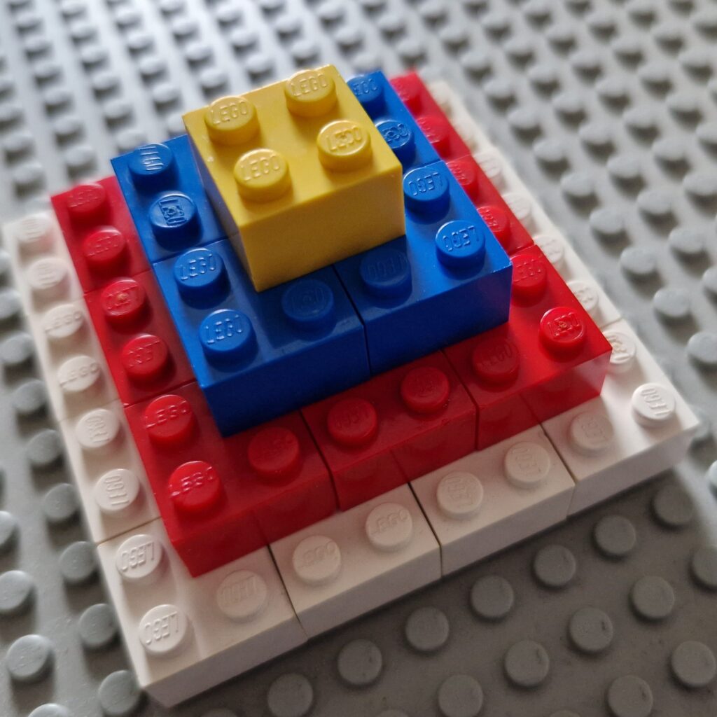 A pyramid made from 2 by 2 lego bricks. The base layer is a white square 4 bricks wide. The next layer up is red and 3 bricks wide. Then the next is blue and 2 bricks wide. There is 1 yellow brick on the top. It is not clear whether the pyramid is solid or hollow.